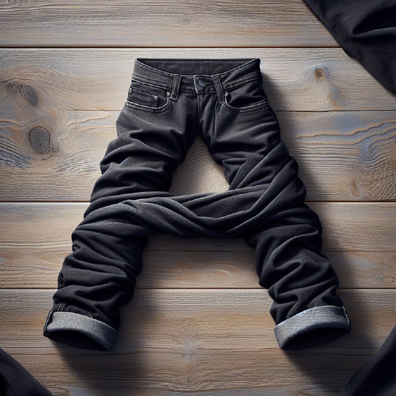 Black Jeans Folded Into Letter A on Wooden Table
