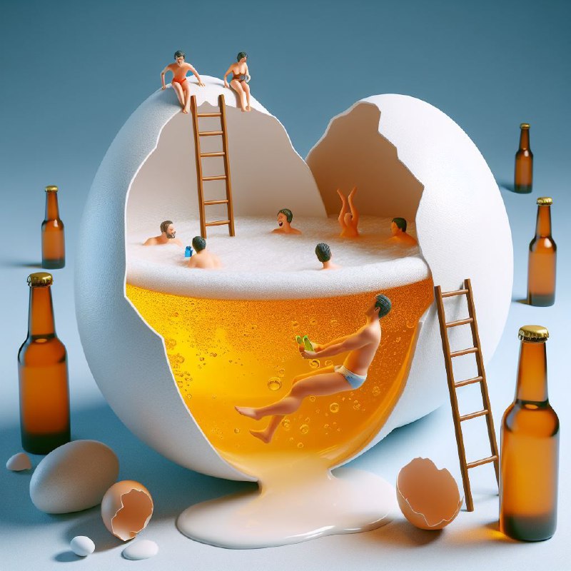 Eggshell Filled With Beer and Tiny Swimmers 3D Scene