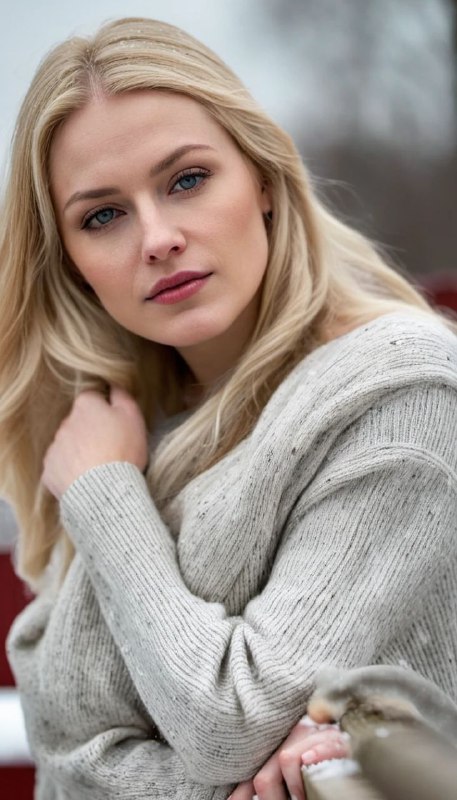 Blonde Woman by Crooked Fence in Snowy Neighborhood