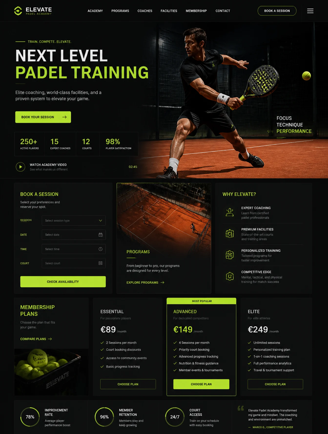Premium Padel Academy Dark UI