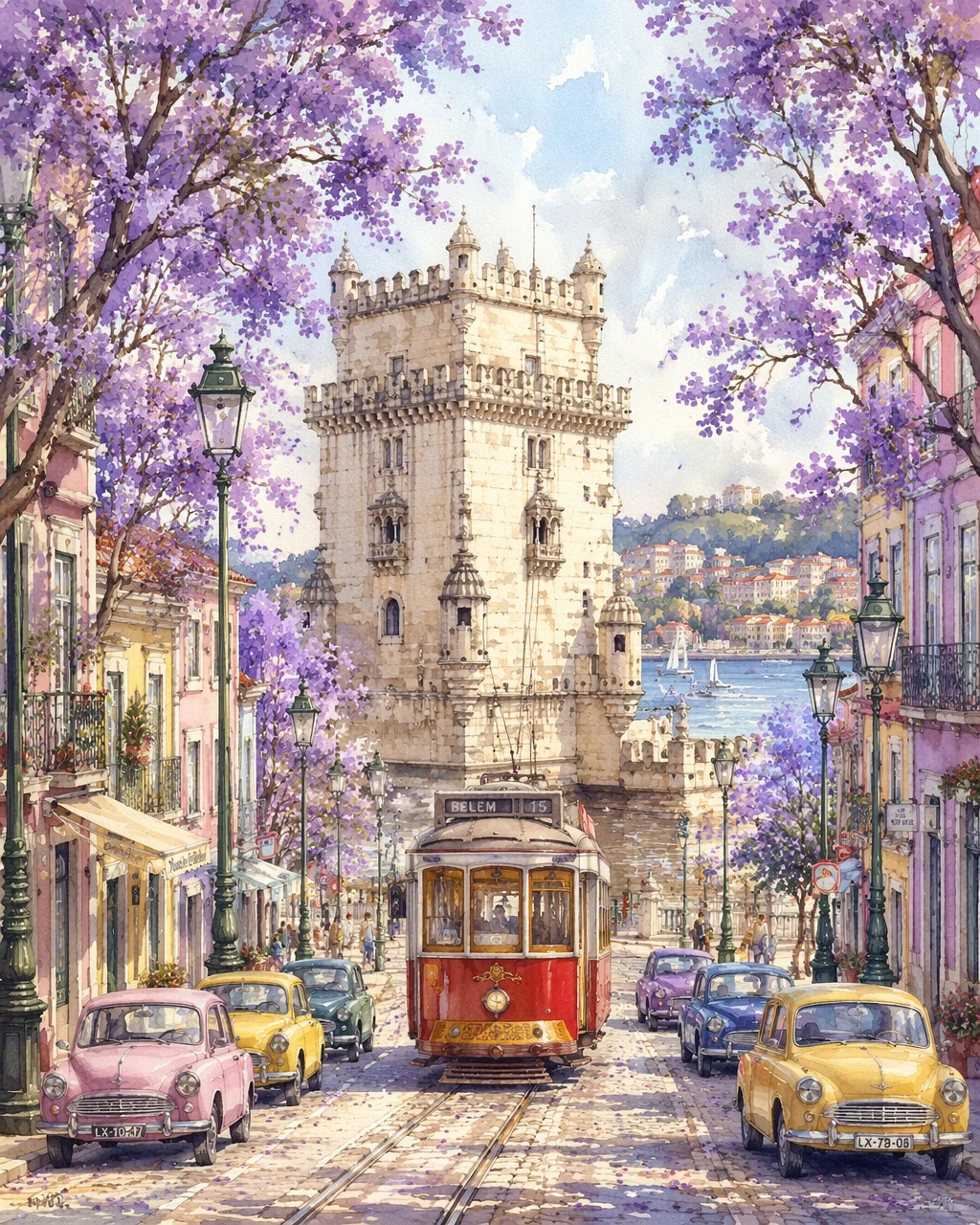 Lisbon Belém Watercolor Street Scene