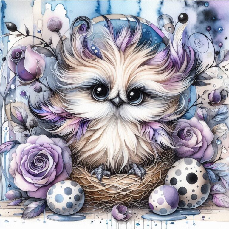 Whimsical Bird with Lilac Roses Nest