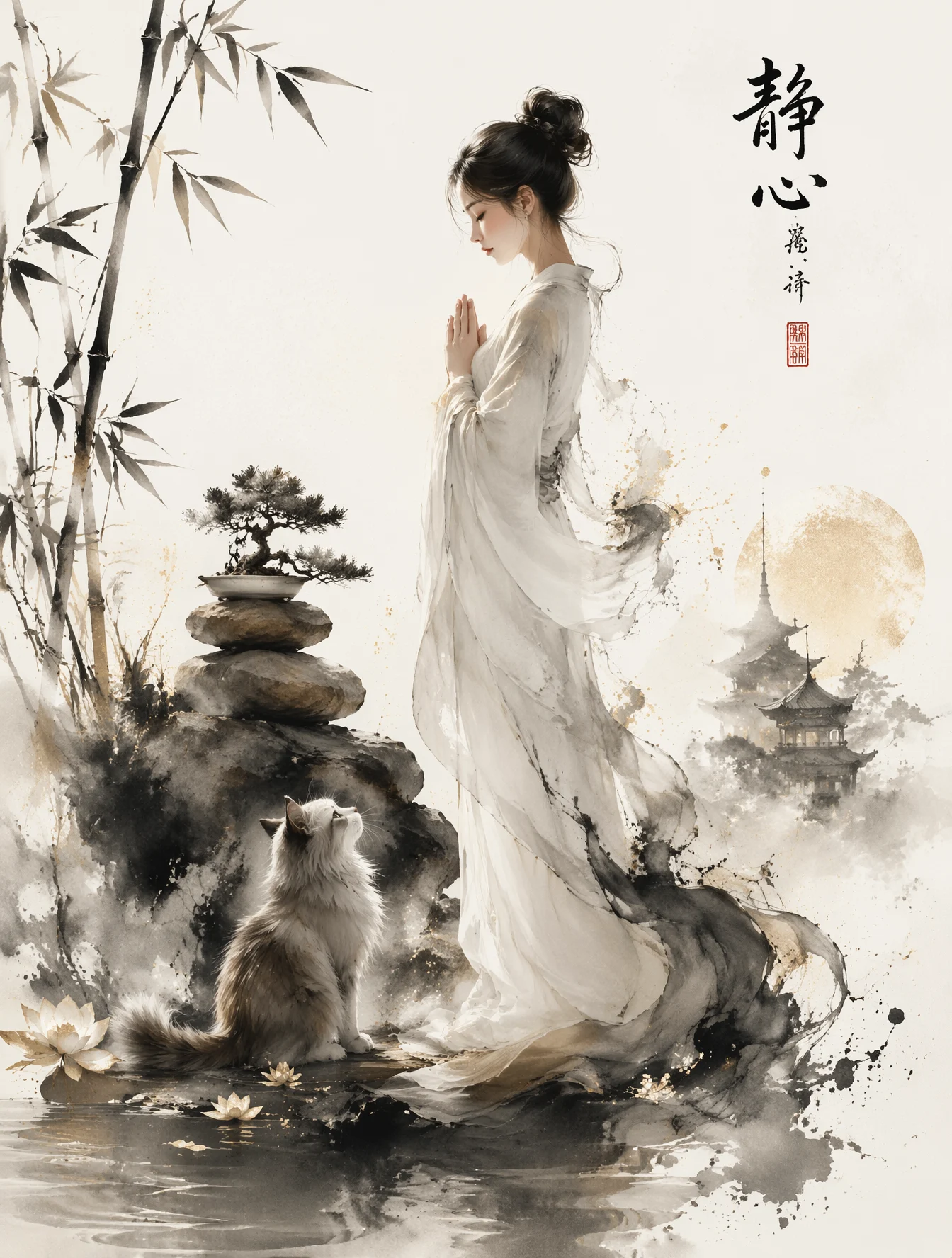 Zen Ink Cat Meditation Art