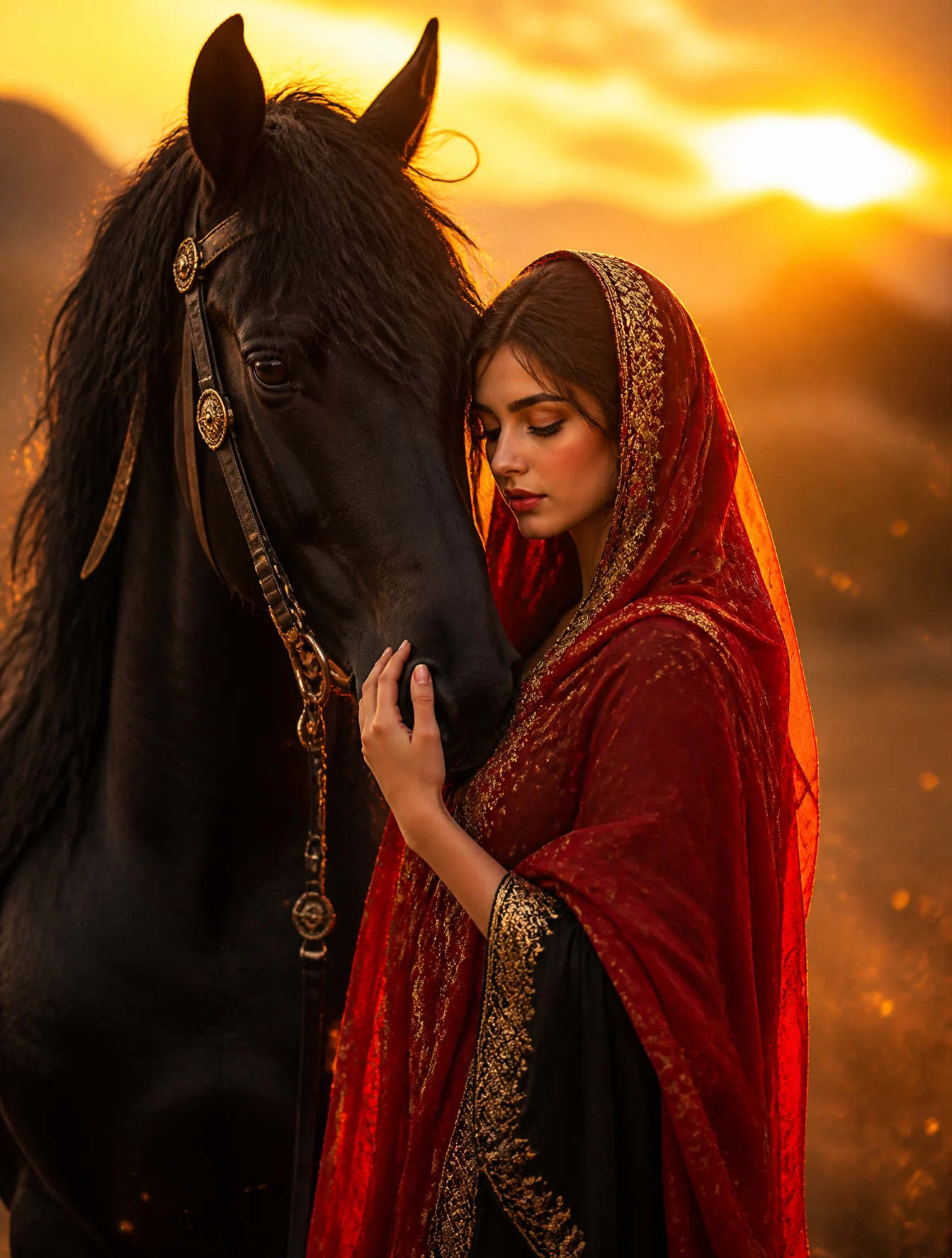 Red-Veiled Woman and Black Stallion