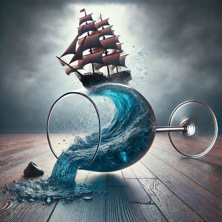 Raging Ocean and Pirate Ship Pouring From Wine Glass
