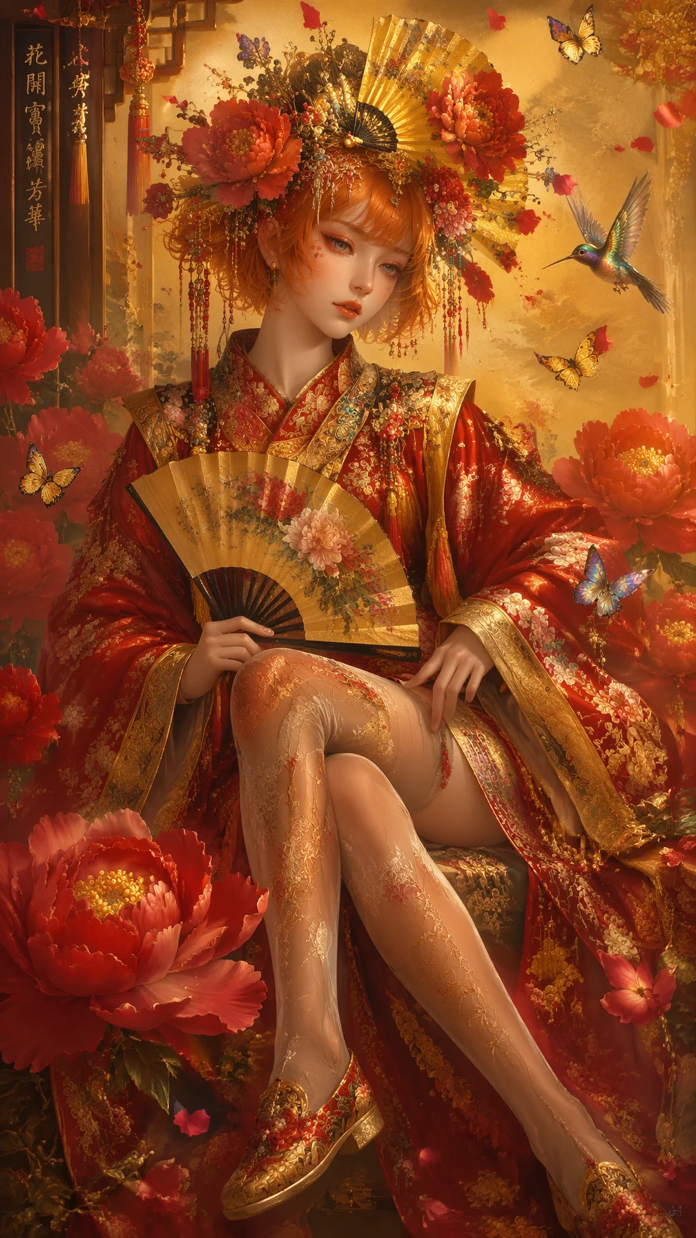 Ornate Chinese Peony Maiden Painting