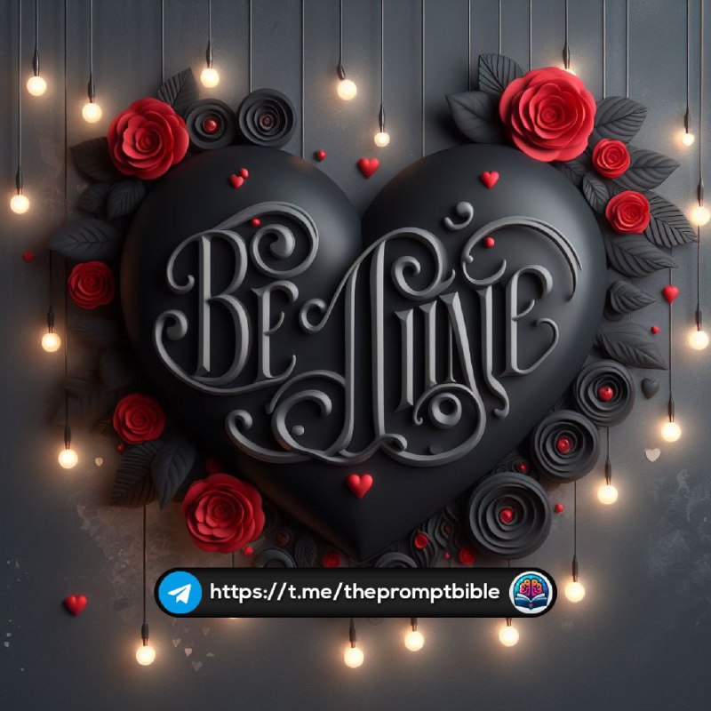Matte Black Puffy Heart With Be Mine and Roses