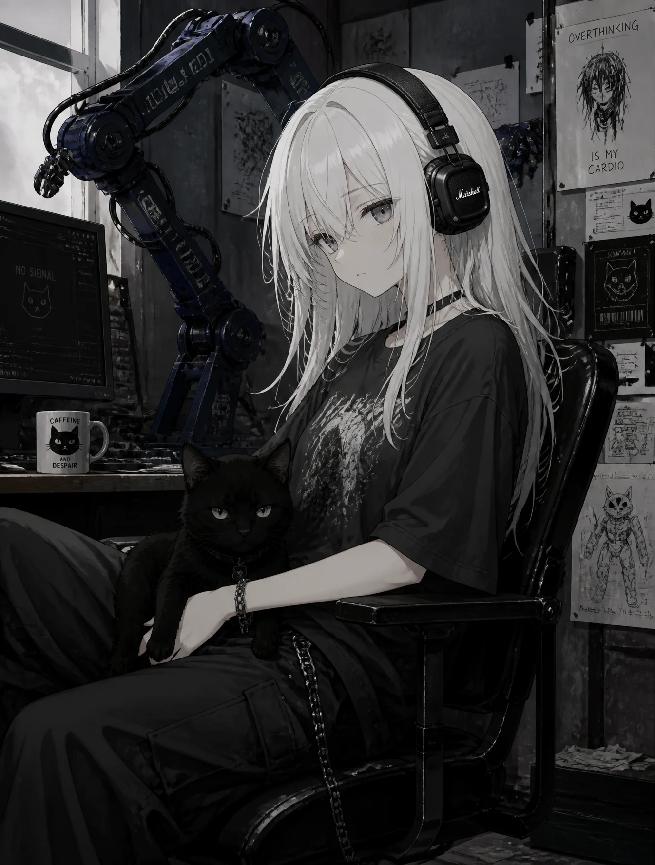 Mecha Girl with Black Cat