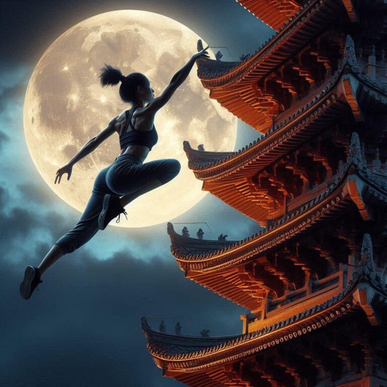 Young Woman Doing Parkour Under Moon