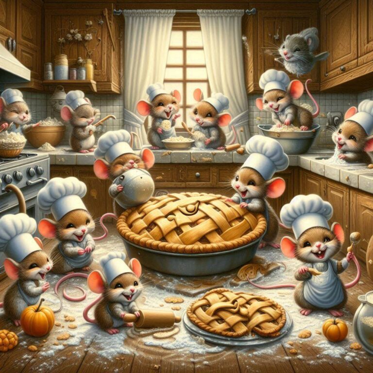 Whimsical Mice Baking Pies in Kitchen