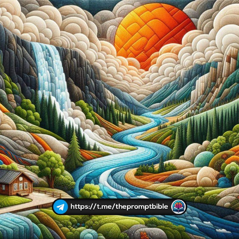 Mountain Waterfall Cabin and Orange Sun Artistic Scene