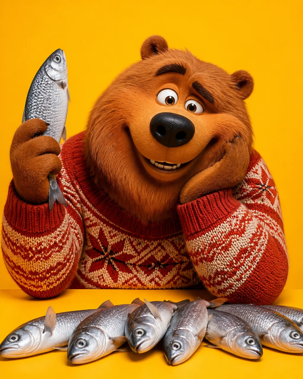 Cozy Bear Winter Fish Portrait