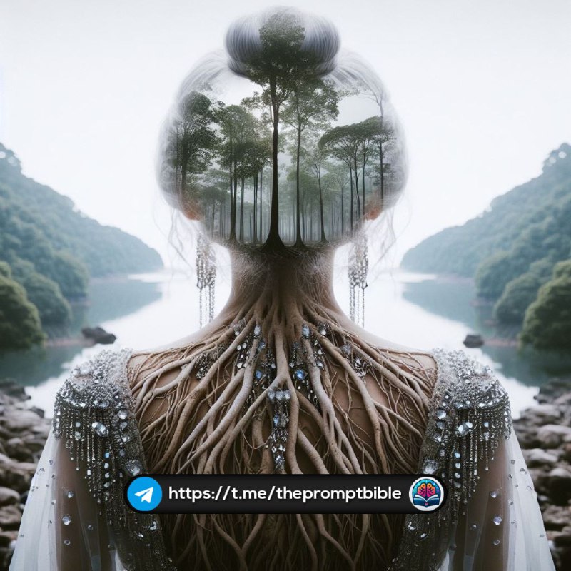 Double Exposure Forest Roots on Crystal Dressed Girl