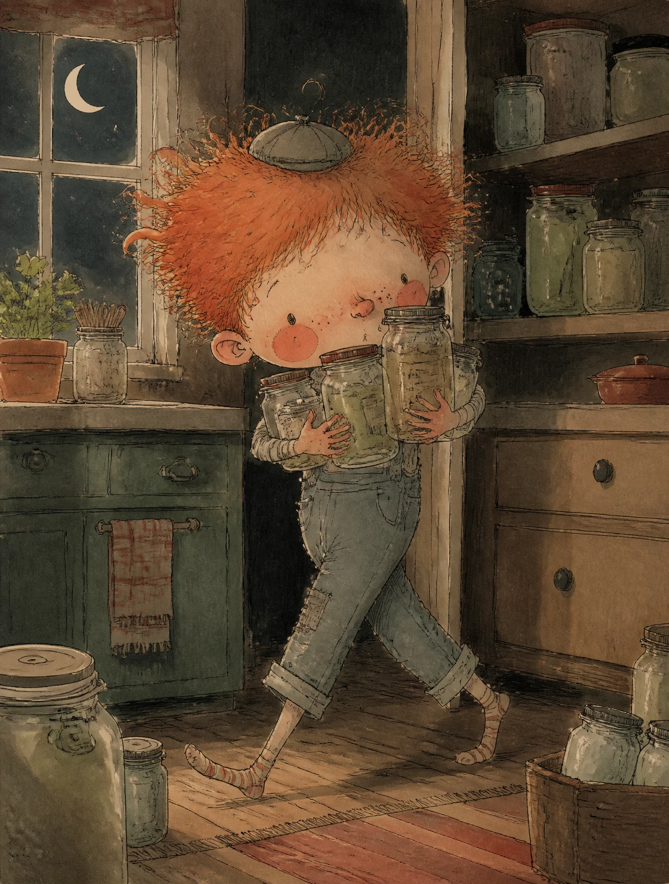 Redheaded Boy Sneaking Through Dark Kitchen