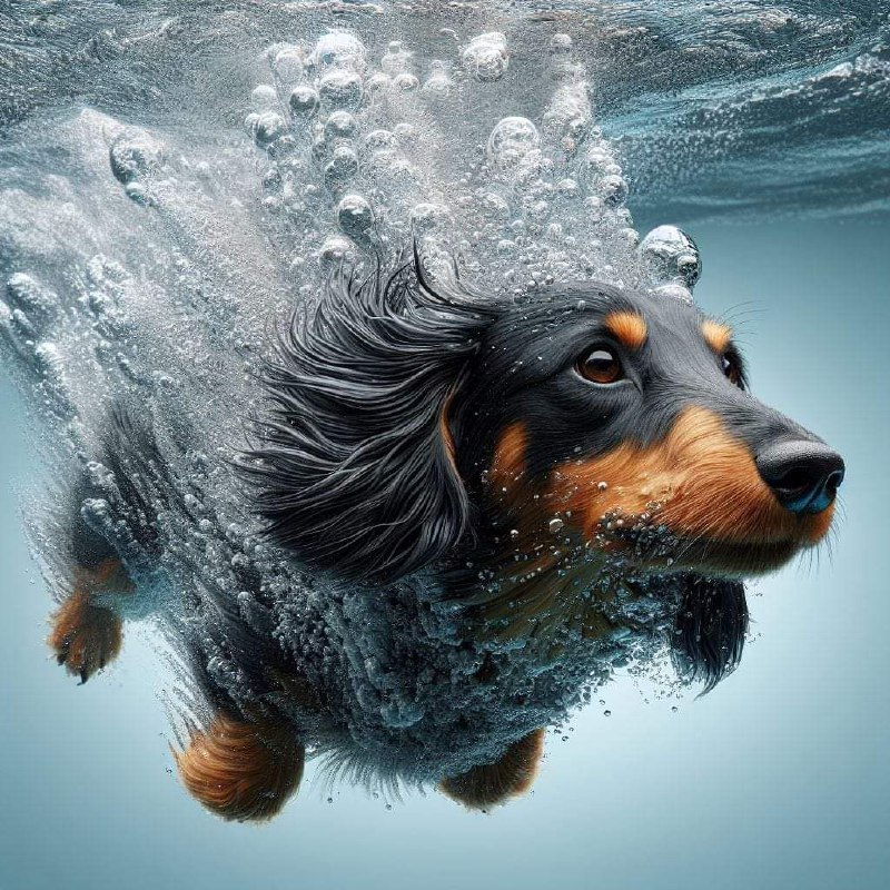 Dachshund Diving Underwater With Splash Hyperreal Shot