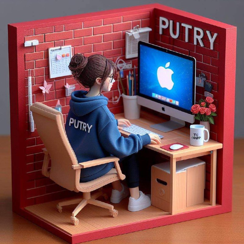 Smiling Hijab Woman at Office Desk 3D Diorama