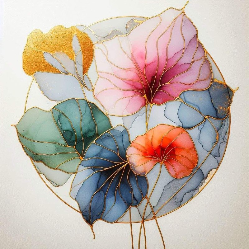 Abstract Alcohol Ink Araceae Plants With Gold Lines