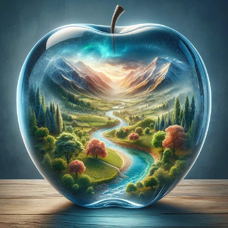 Glass Apple Sculpture With Japanese Landscape Inside