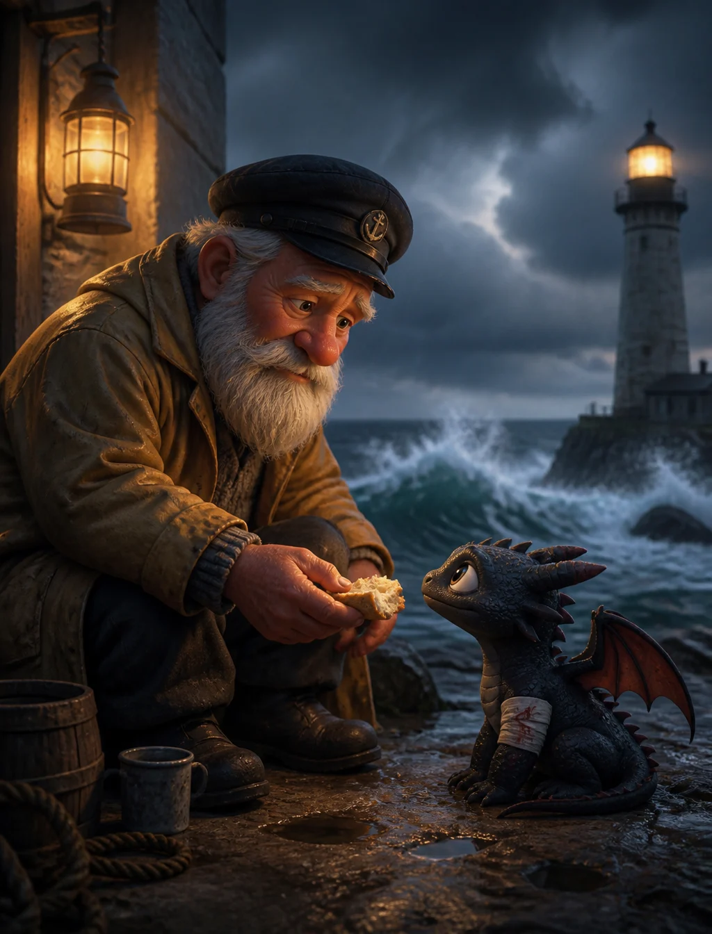 Lighthouse Keeper Shares Bread With Dragon