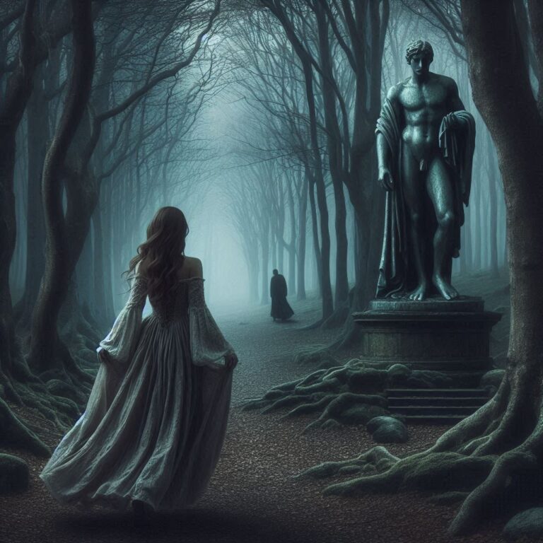 Woman Walking Away from Weeping Statue