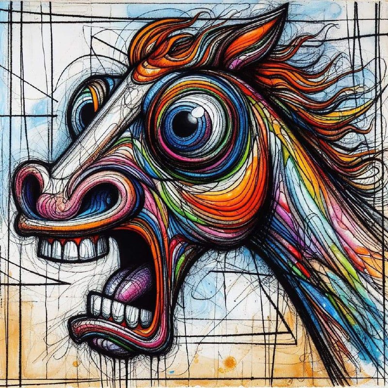Abstract Line and Wash Horse With Exaggerated Features