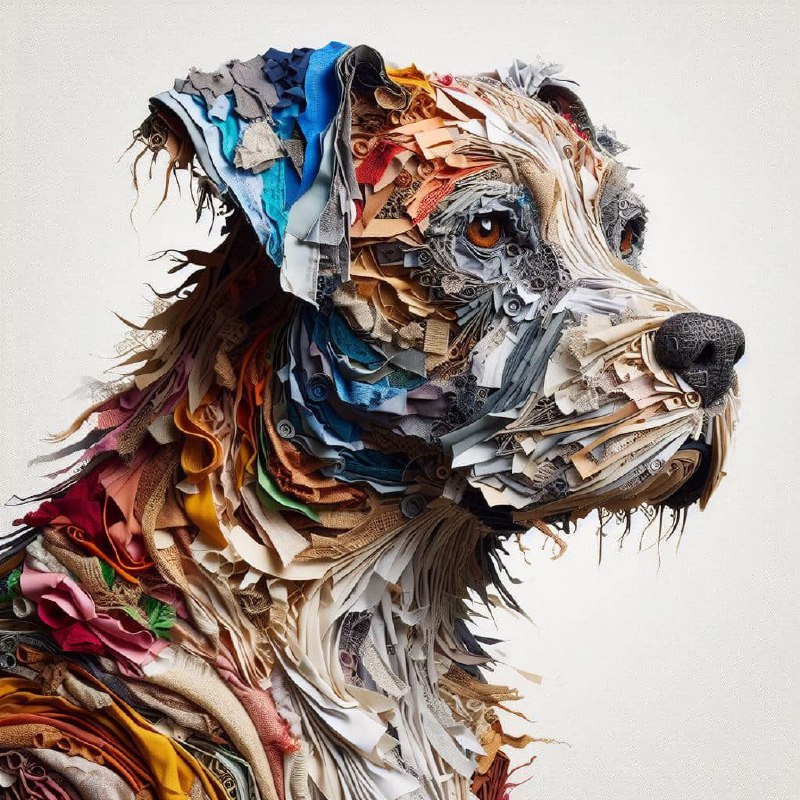 Dog Portrait From Torn Fabric and Paper Patchwork