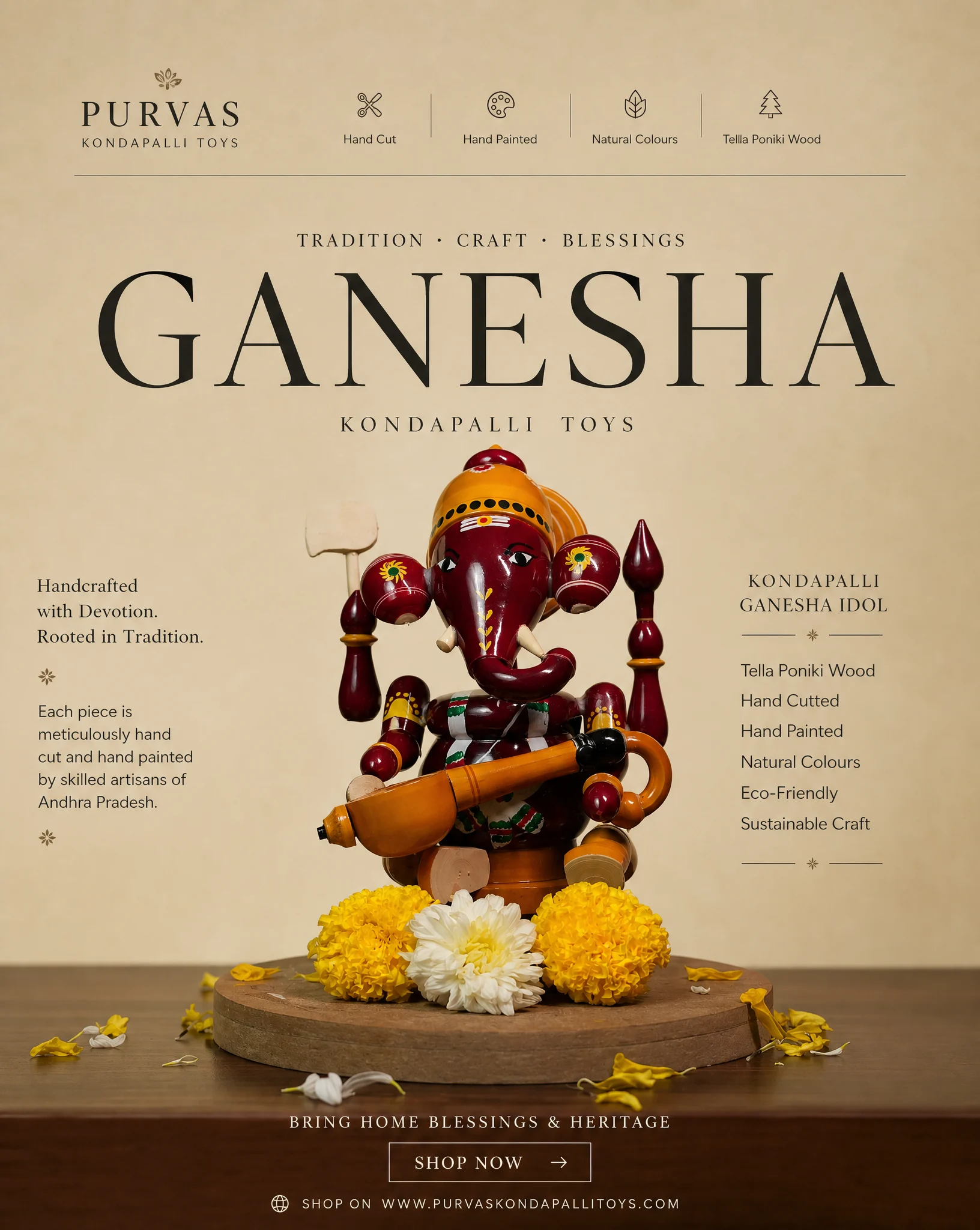 Handcrafted Ganesha Wood Idol Ad