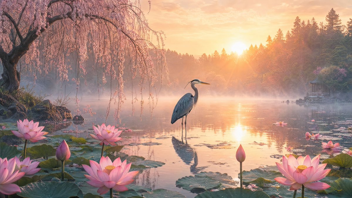 Misty Lotus Pond Heron