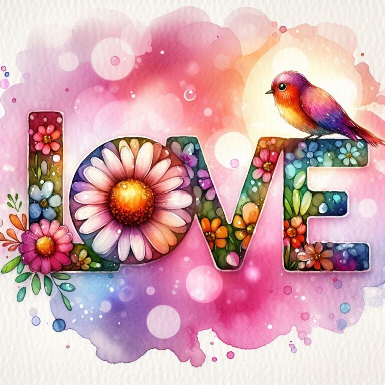 Love Watercolor with Flower and Bird