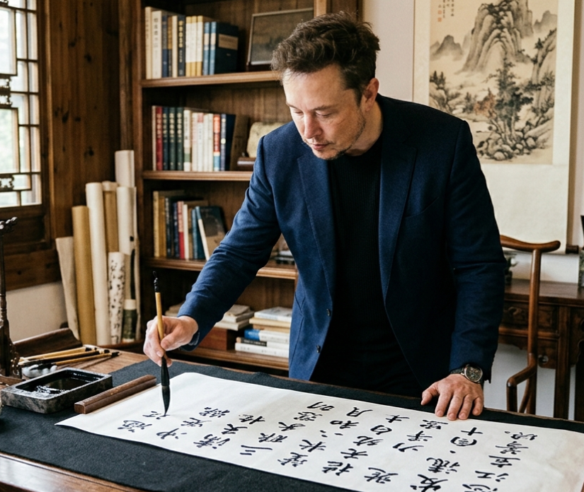 Elon Musk Writing Chinese Calligraphy