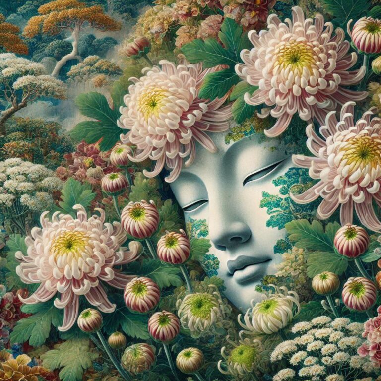 Japanese Chrysanthemums with Serene Figure