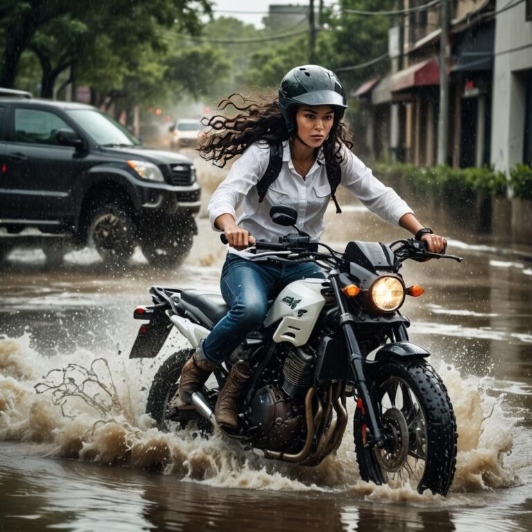 Woman Riding Motorcycle Through Flooded Street