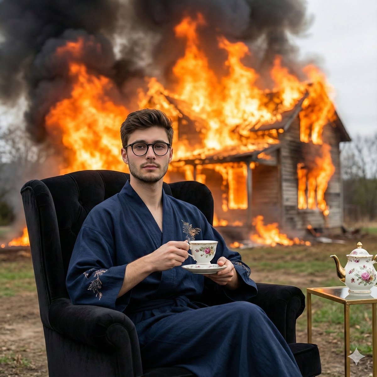 Calm Tea Amidst Farmhouse Fire