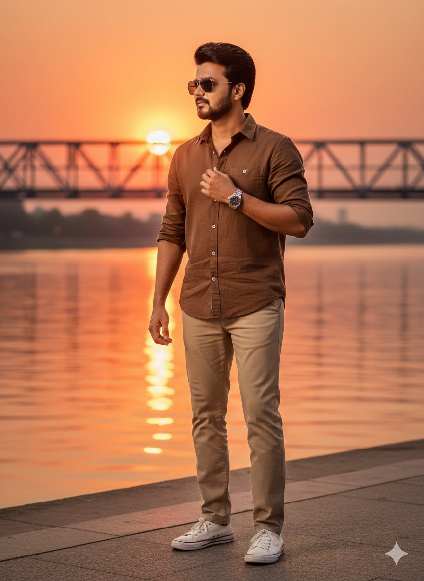 Stylish Man at Sunset Riverside
