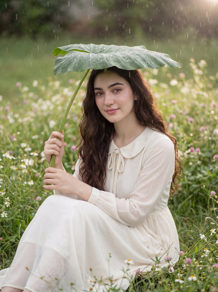 Young Woman in Rainy Green Garden