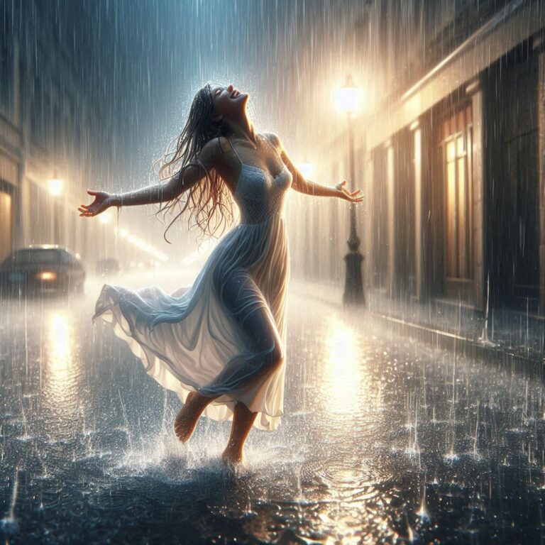 Woman Dancing in Rain with Laughter