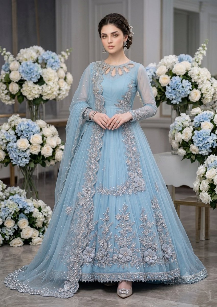 Elegant Sky Blue Pakistani Gown Shoot