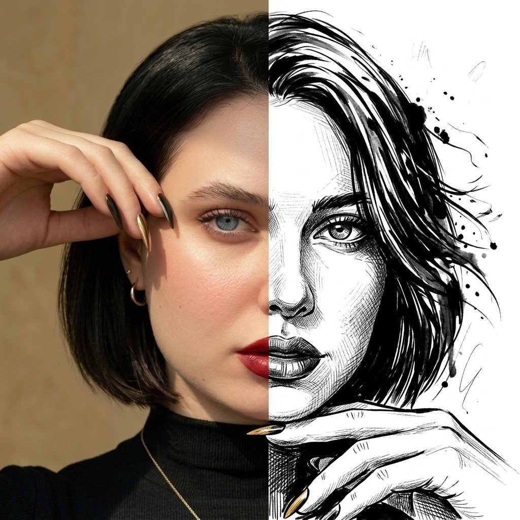 Split Face Realism and Hand Drawn Ink Art