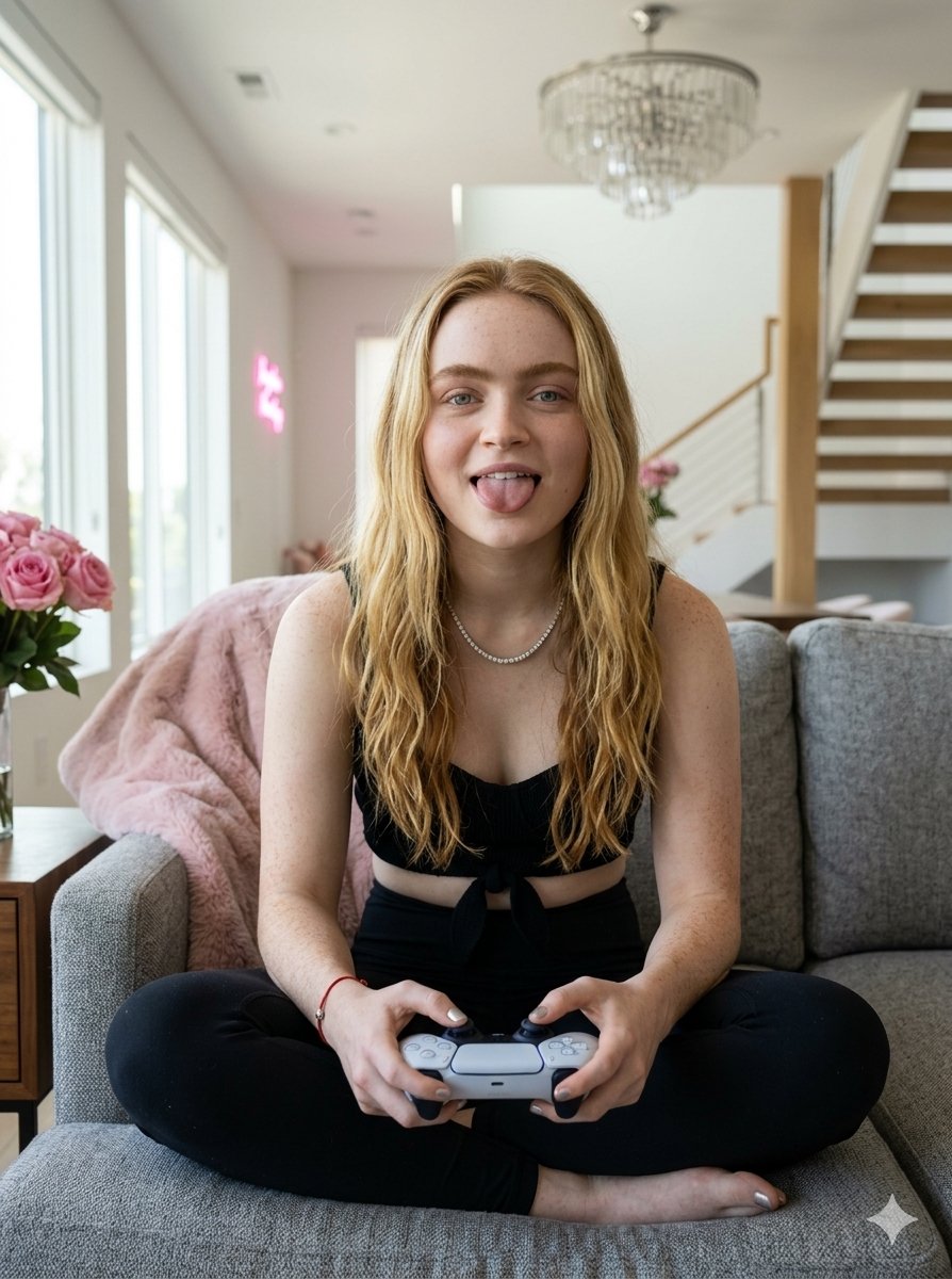 Playful Gamer Girl In Modern Living Room