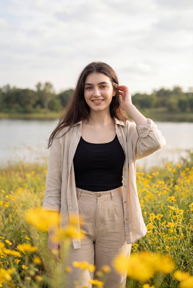Smiling Woman in Yellow Wildflower Field