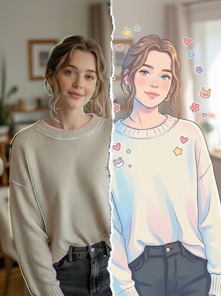 Split Portrait Realism Meets Chibi Art
