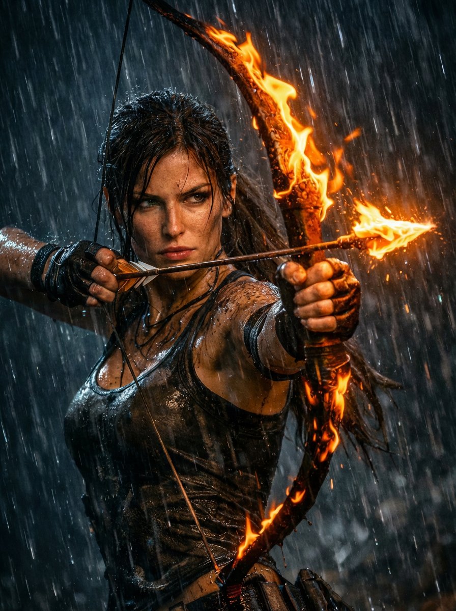 Lara Croft Fiery Bow in Storm