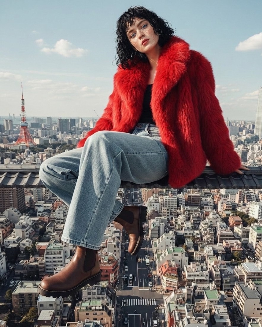 Red Fur Rooftop City Fashion