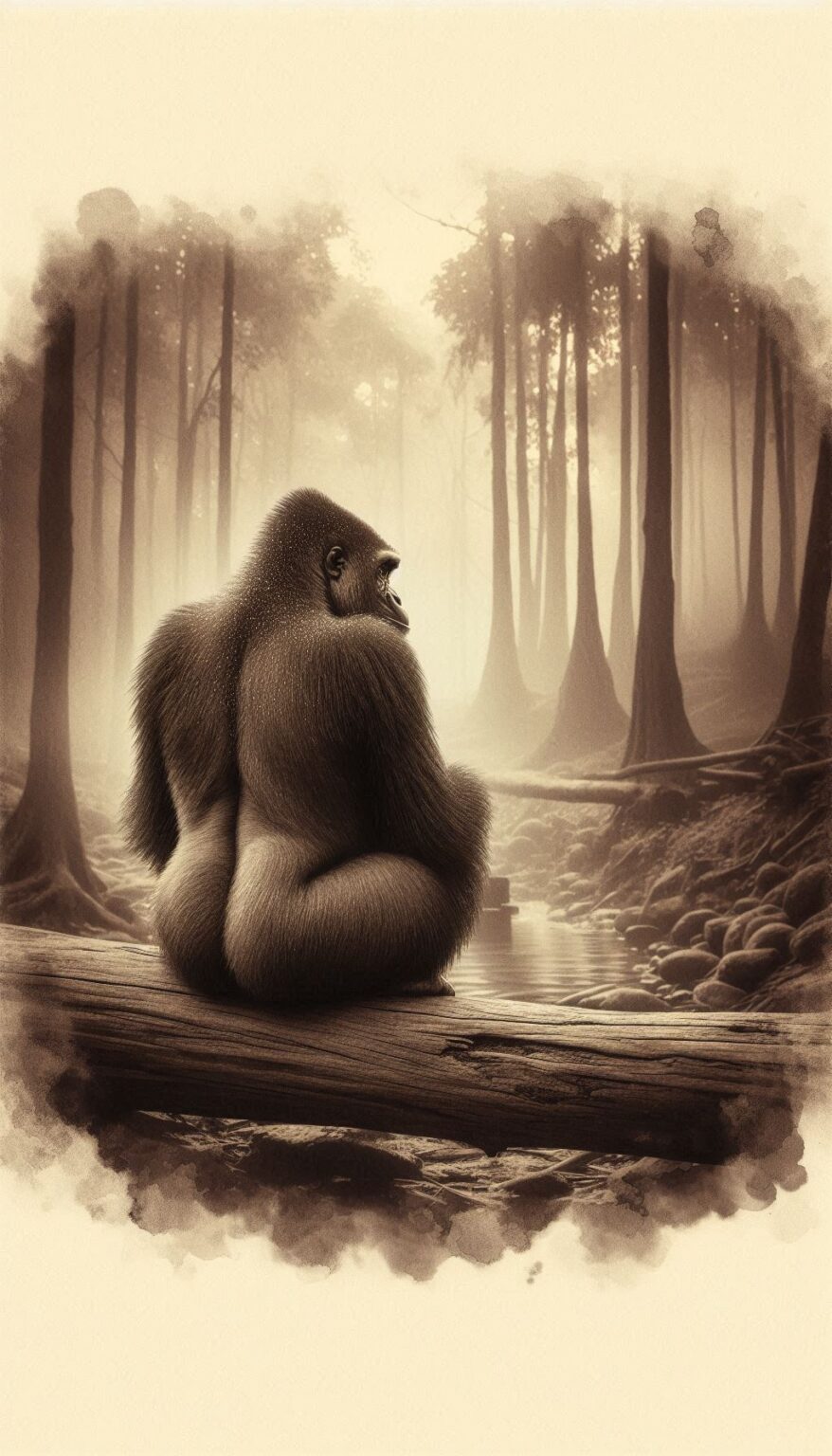 Gorilla Posing on Log in Forest