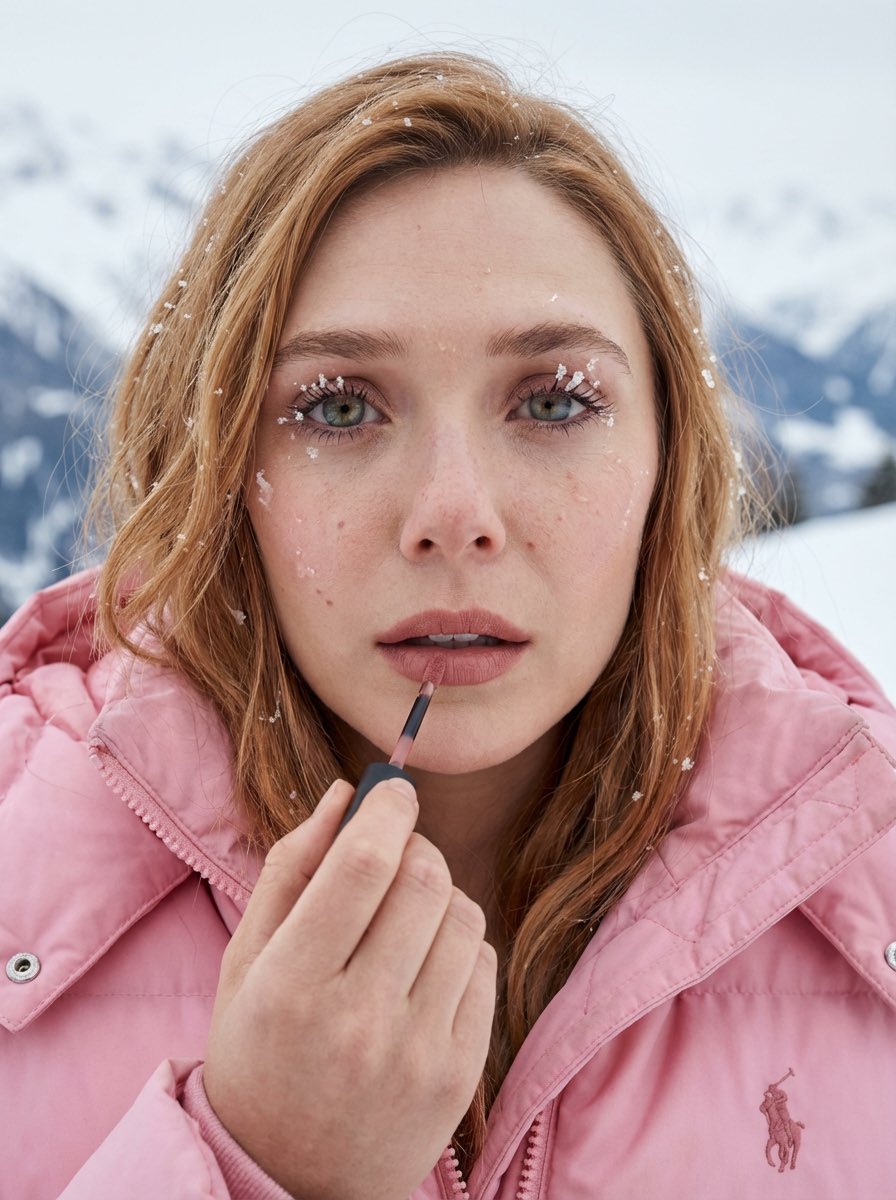 Applying Lipstick on Snowy Mountain