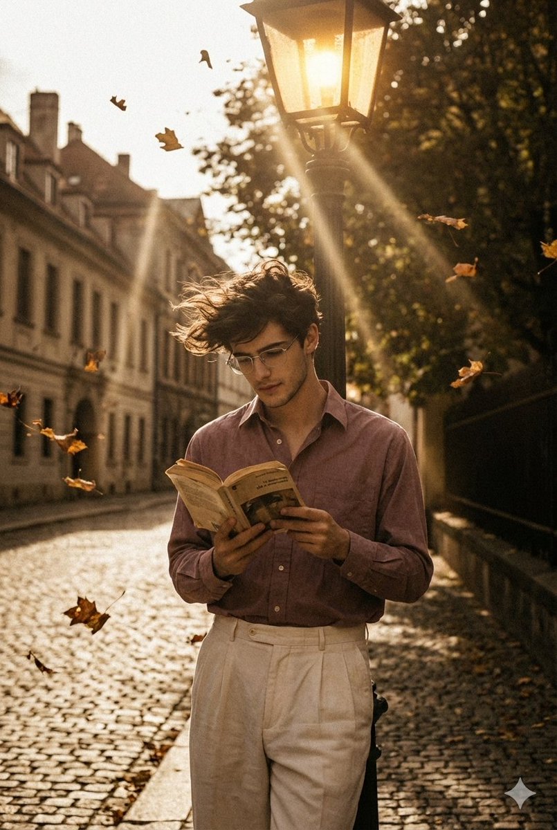 Retro Boy Reading Under Streetlight