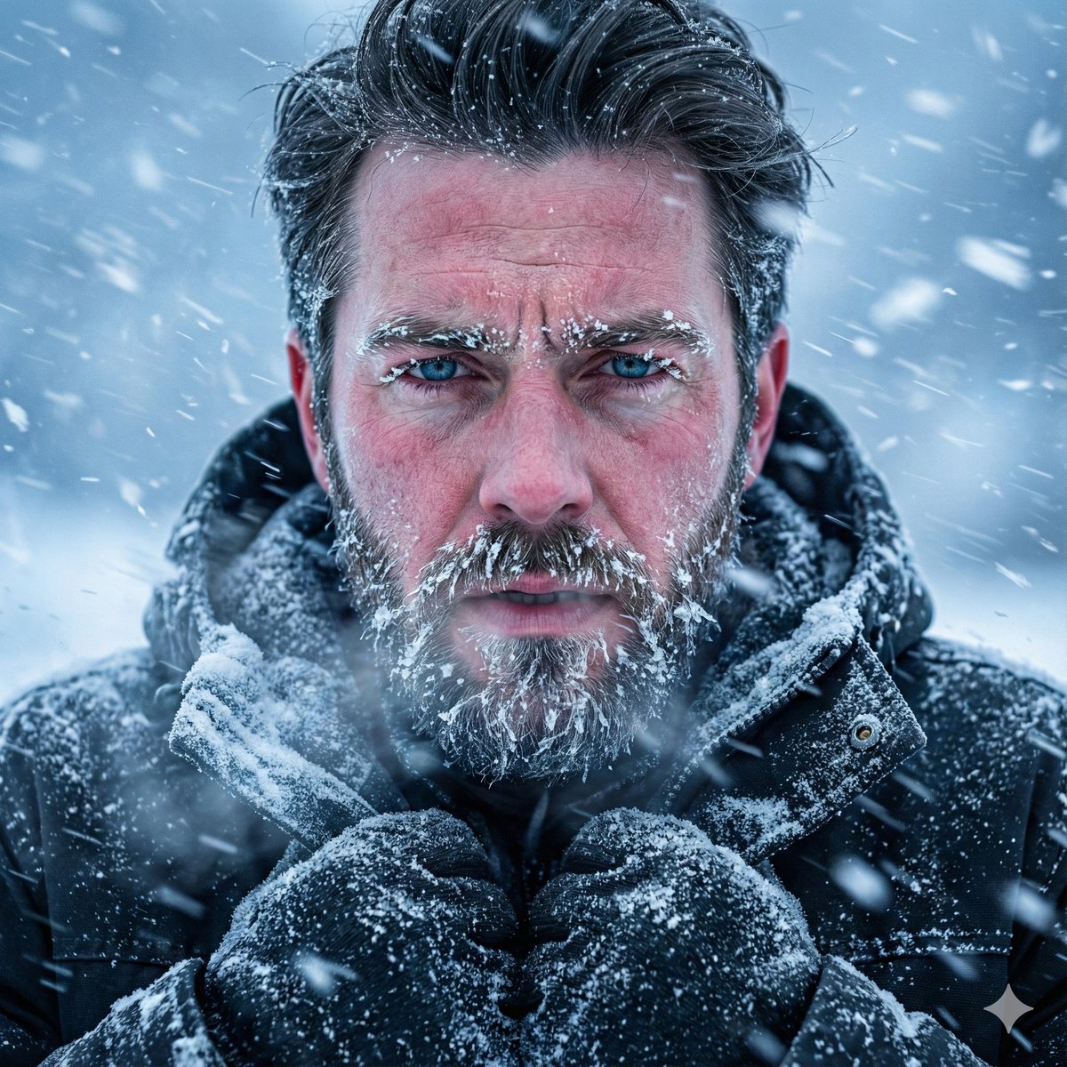 Rugged Man Surviving Snowstorm