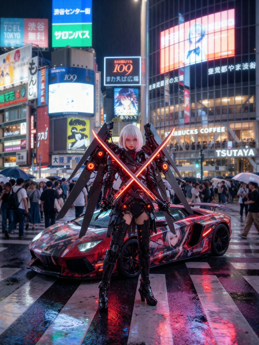 Cosplayer and Itasha at Shibuya Crossing