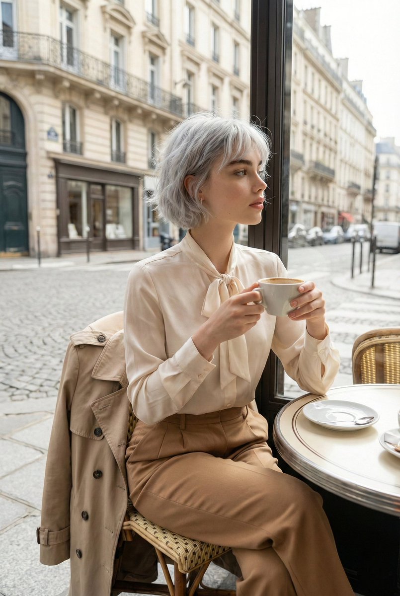 Silver-Haired Woman at Paris Café