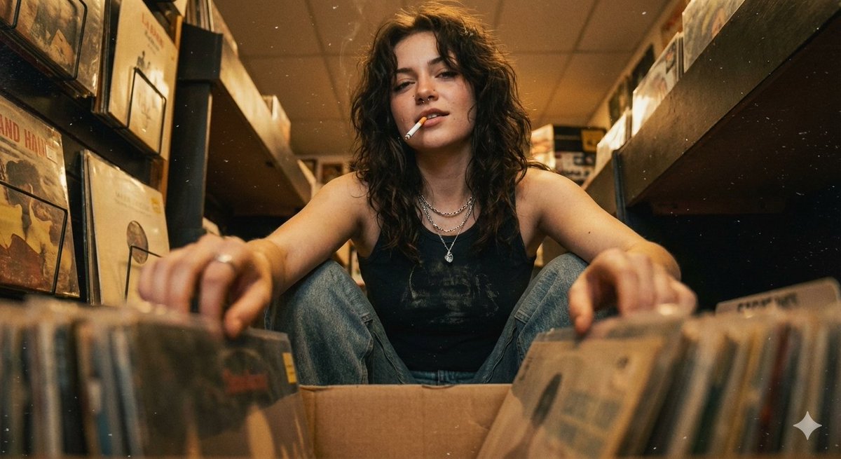 Grunge Girl Browsing Vinyl in Moody Record Store